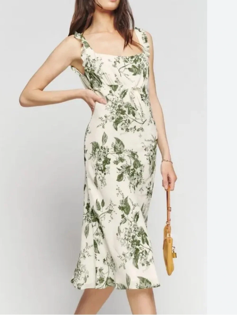 Reformation Leni floral botanical midi dress cream green size M